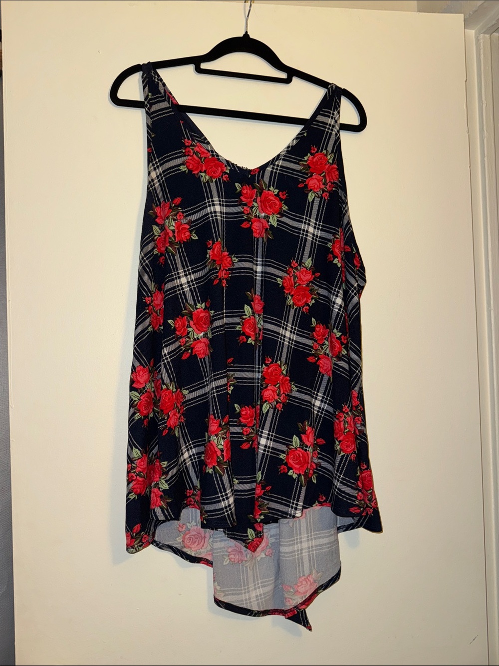 First Love Navy Plaid Floral Sleeveless Chiffon Tank Top High Low Hem
